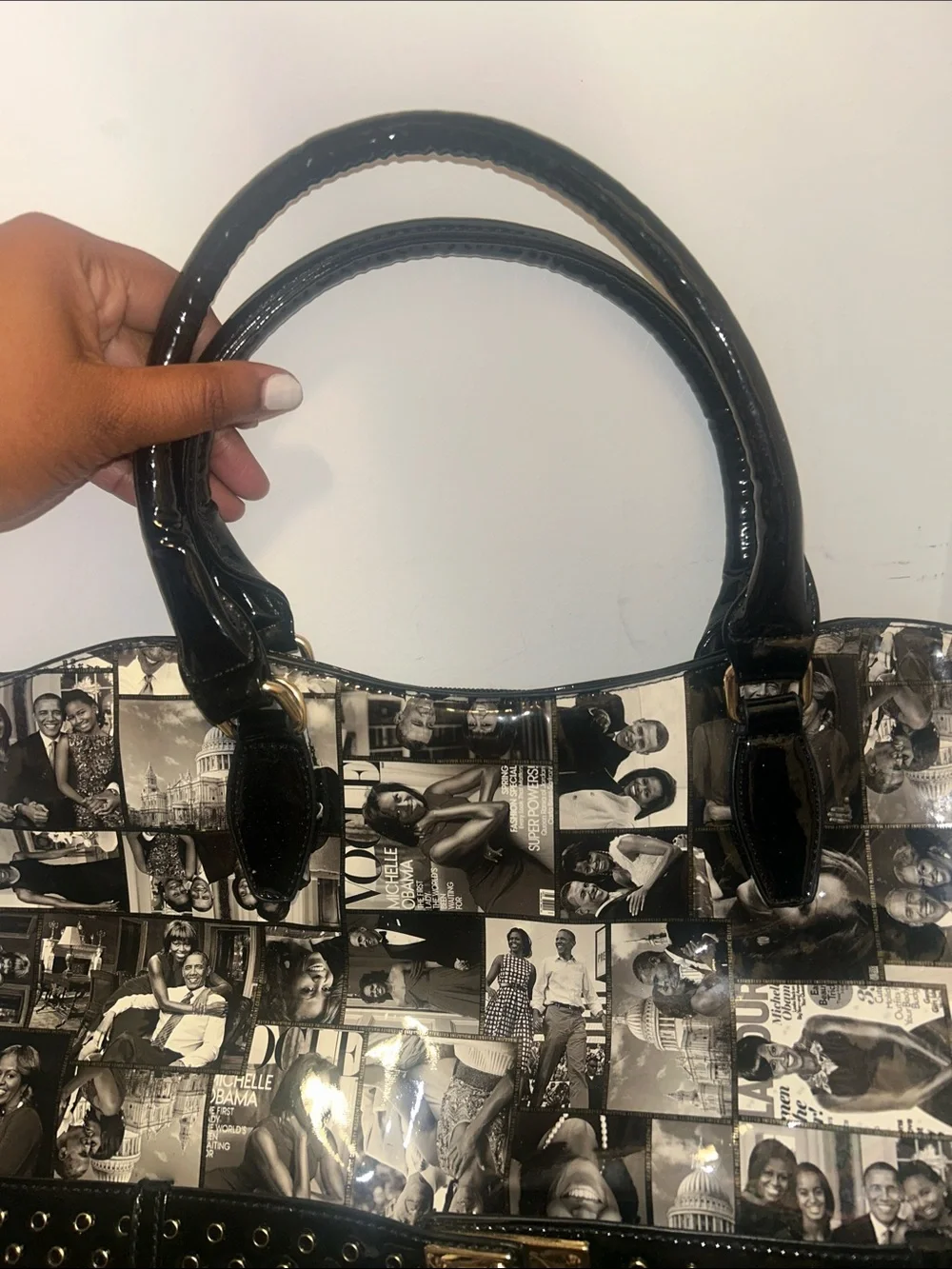 Black Photo-Collage Patent Tote with Gold Hardware